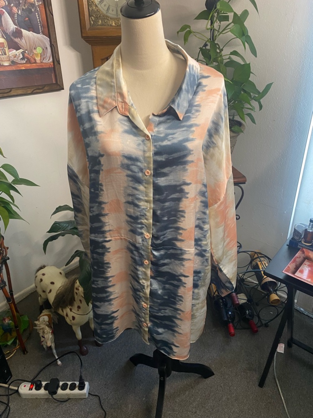 Misscuided Tie-Dye Button Front Dress Shirt in Blue and Peach